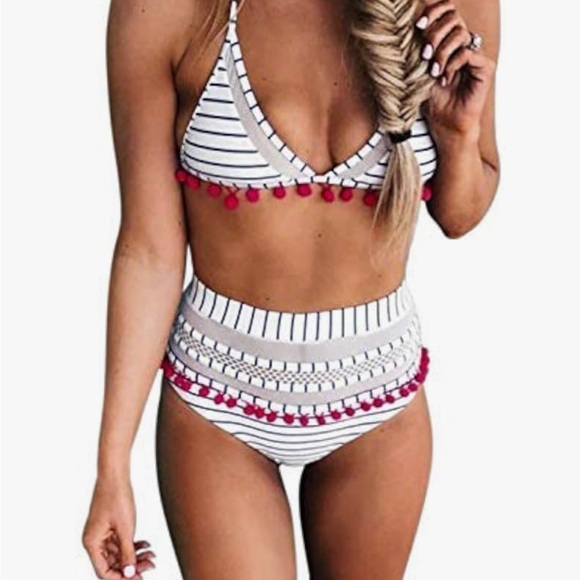 NWT Women’s Striped High-Waisted Bikini with Bright Punk Pom Poms Accents M - Picture 1 of 5